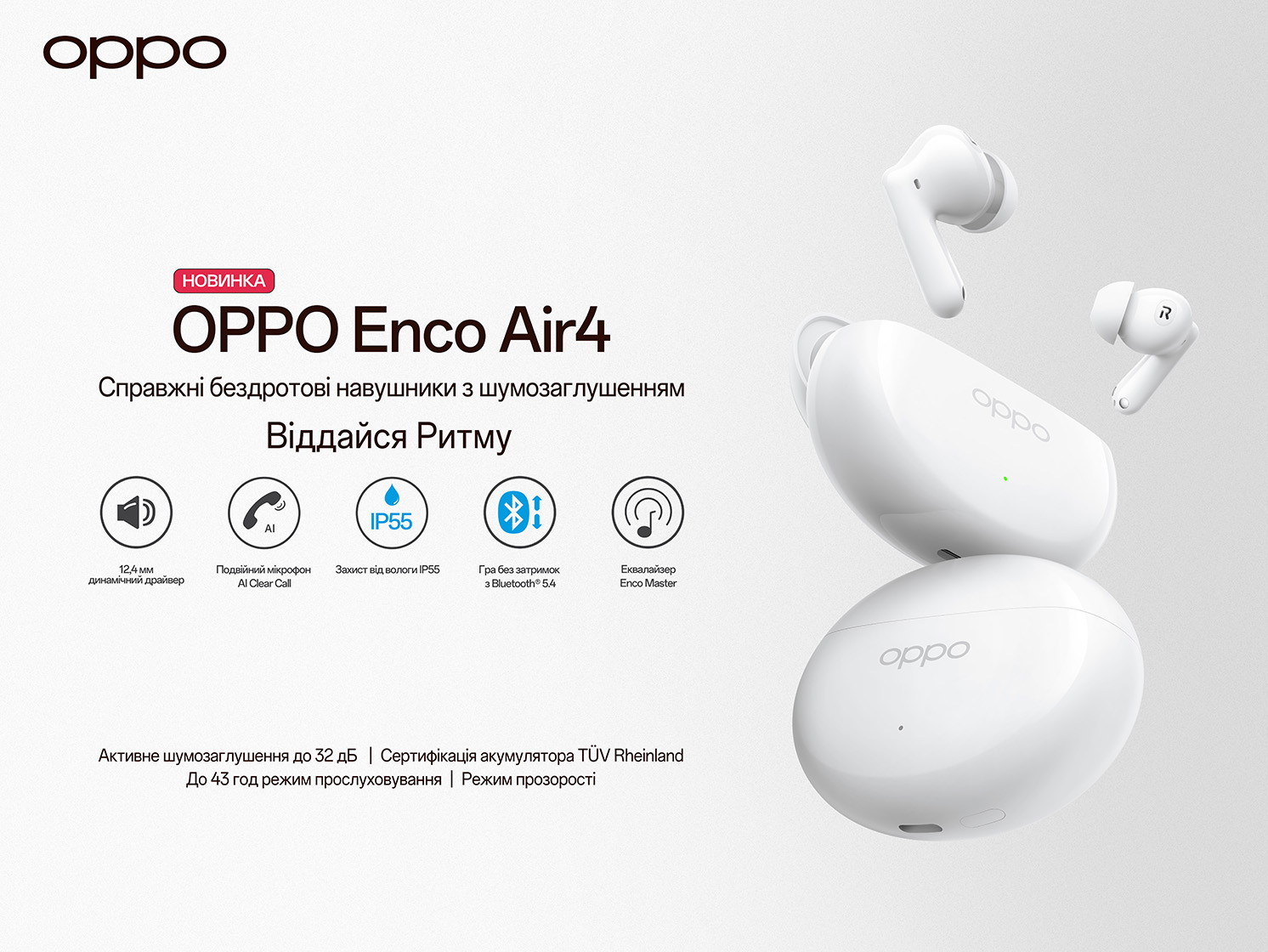 OPPO Enco Air4: Нові TWS-навушники з активним шумозаглушенням, чималою автономністю та ціною 3499 грн